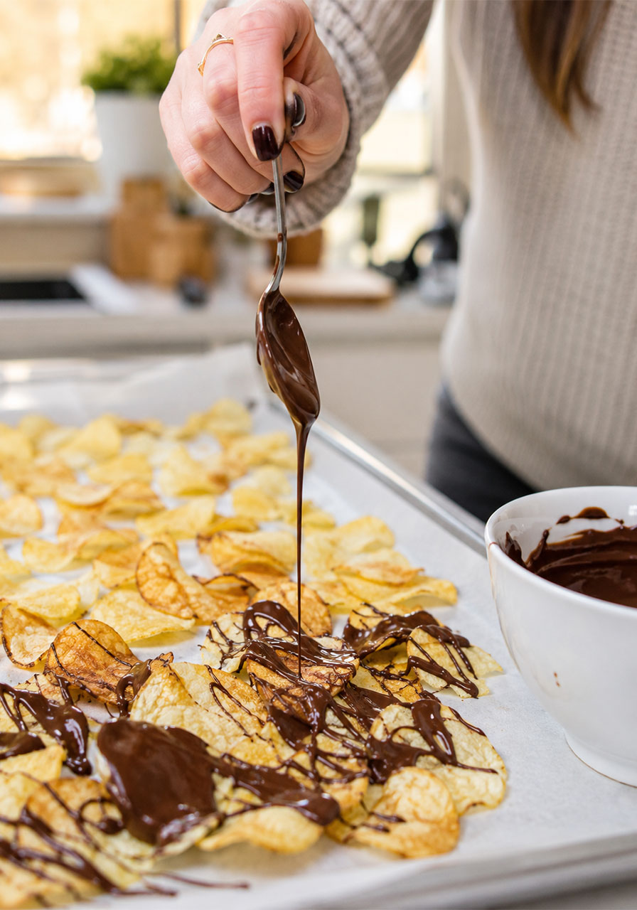 Melted chocolate being drizzled over kettle potato chips on wax paper for an easy camping snack