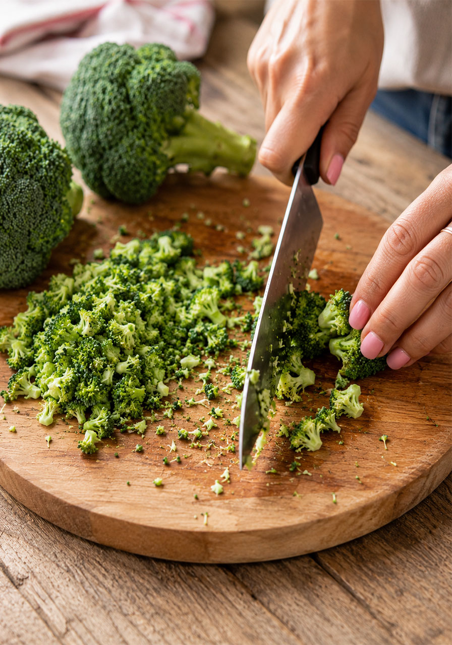 Chopping broccoli into small florets for bacon broccoli salad