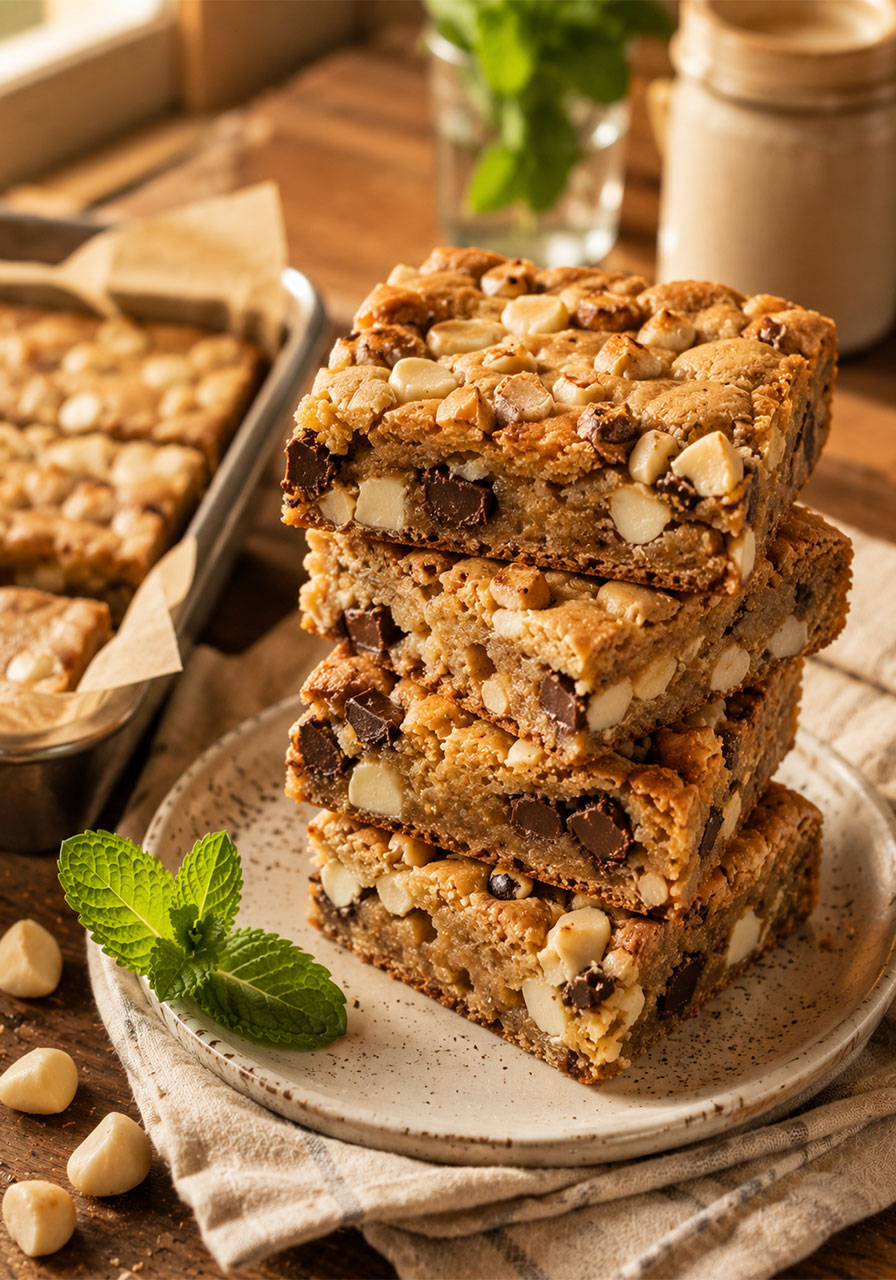 Stacked chunky blond brownie bars with white chocolate chips, chocolate chunks, and macadamia nuts for camping dessert
