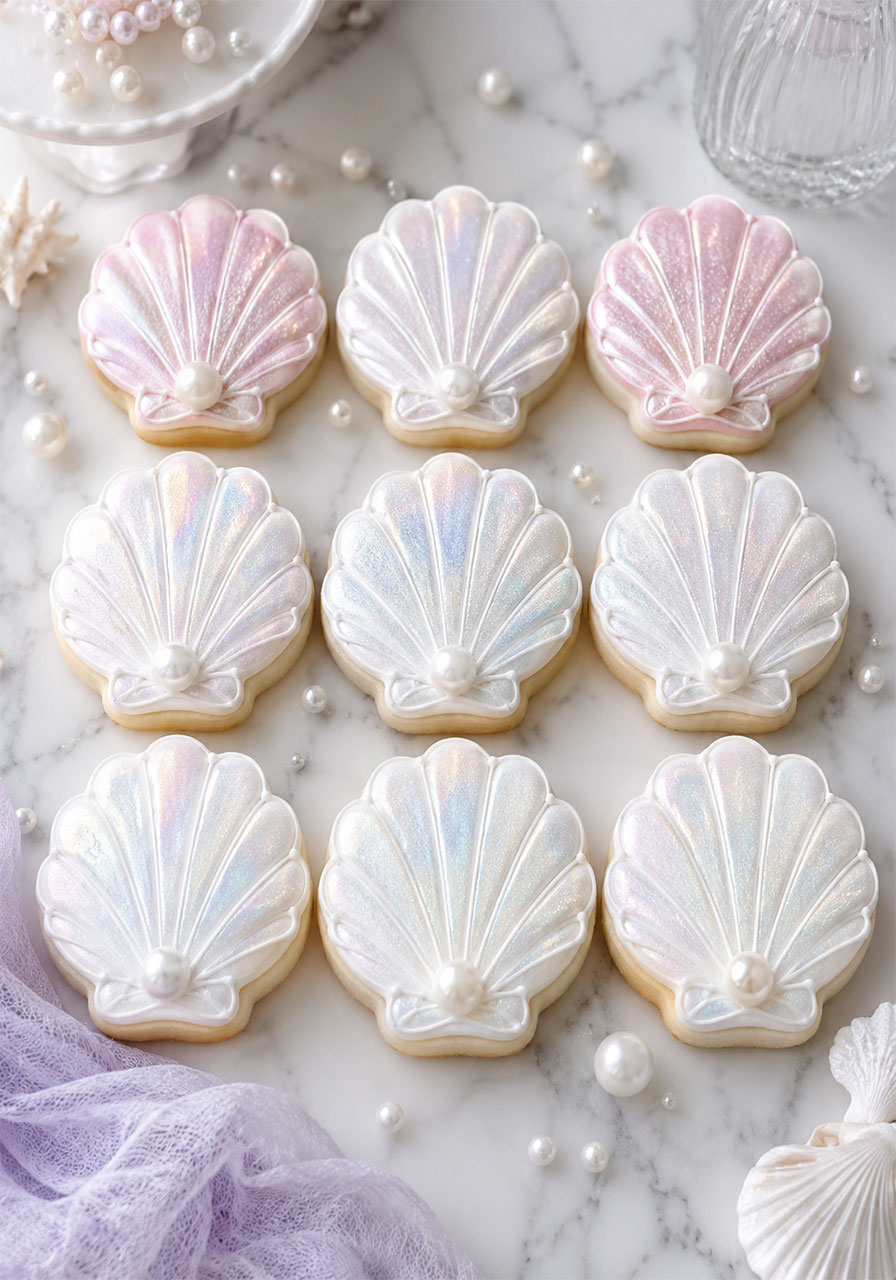 Pearl iridescent clam shell decorated sugar cookies for an under the sea birthday party dessert table