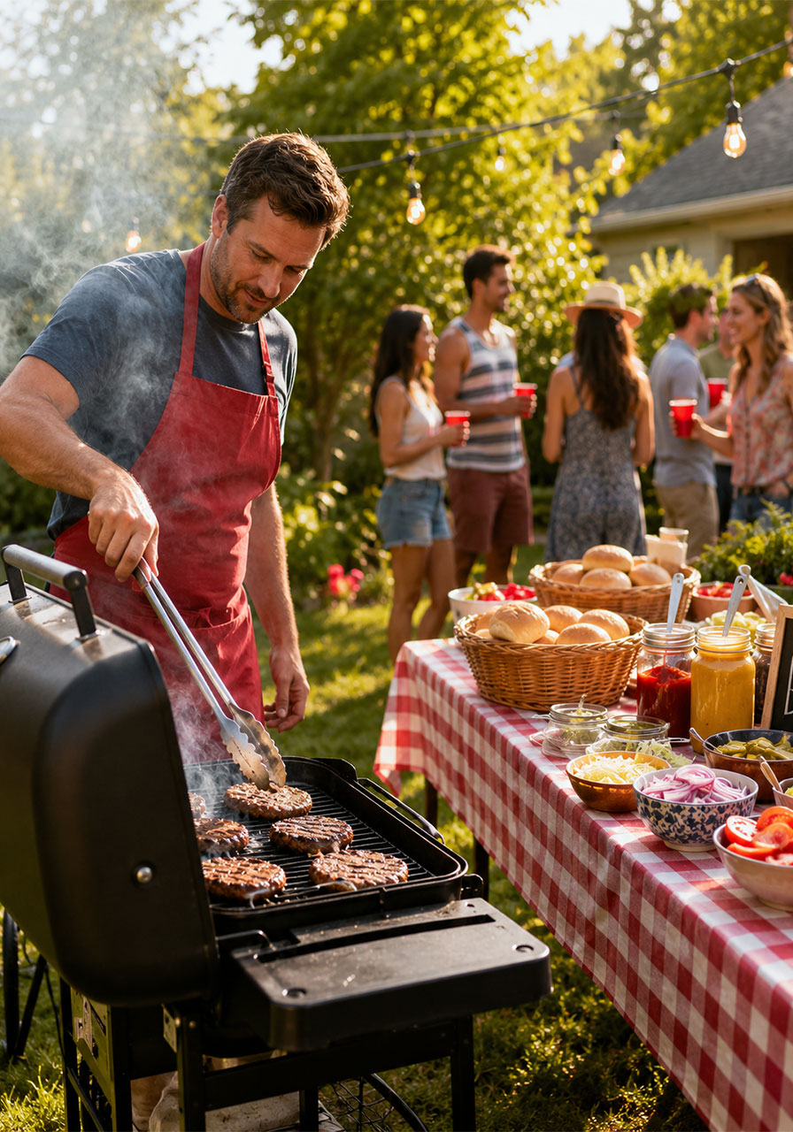 Classic backyard BBQ party setup with charcoal grill and checkered tablecloth for summer gathering