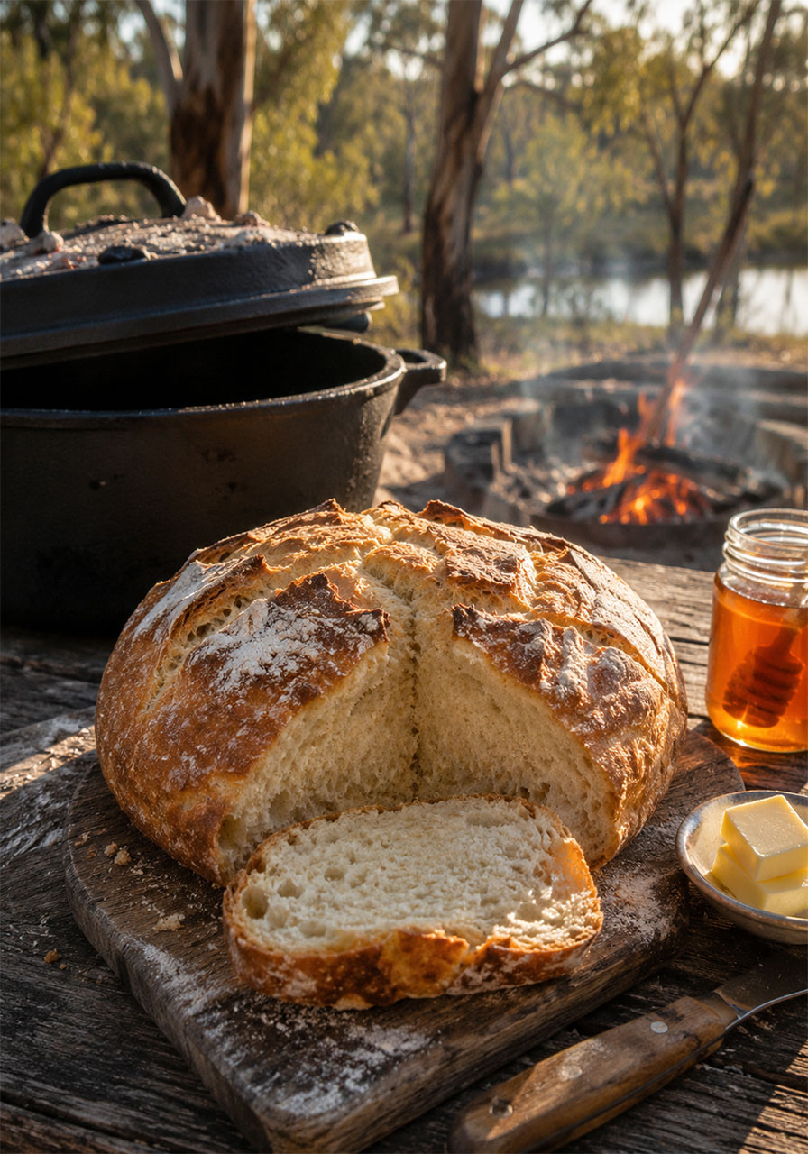 Classic camp oven damper with golden crust and fluffy interior sliced on a wooden board beside a campfire