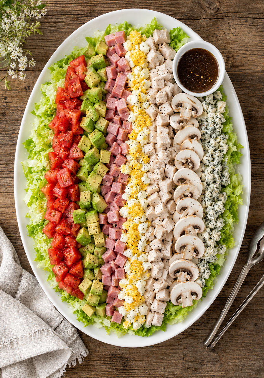 Classic Cobb salad arranged in rows on a platter with ham turkey avocado and blue cheese, no-cook summer dinner party idea