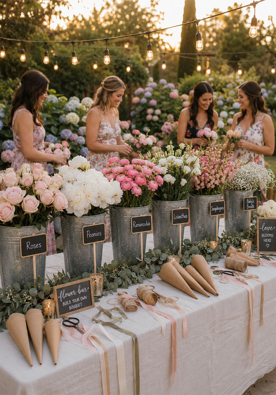 Classic outdoor garden party bridal shower flower bar with galvanized buckets string lights and pastel blooms on white linen table
