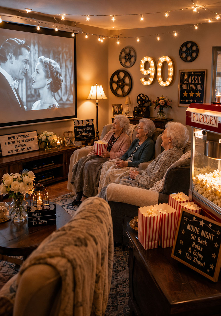 Classic movie night 90th birthday party setup with projector screen, vintage popcorn machine, and cozy seating