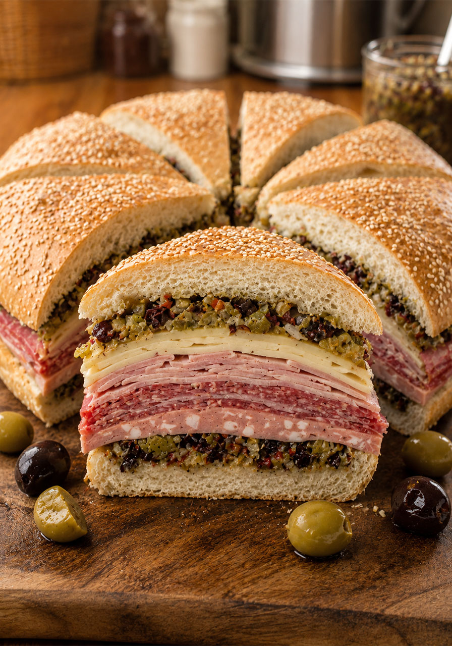 Classic New Orleans muffuletta sandwich sliced into wedges showing layers of Italian meats cheese and olive spread