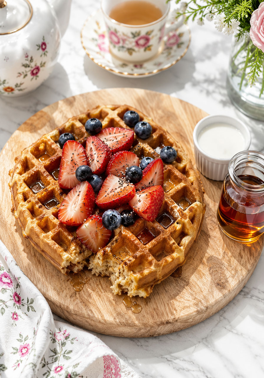 Classic vegan waffles topped with fresh berries and maple syrup for a brunch party waffle bar