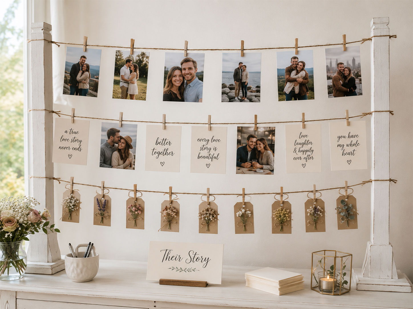 Jute twine clothesline photo and sign display between white wooden posts at bridal shower party wall