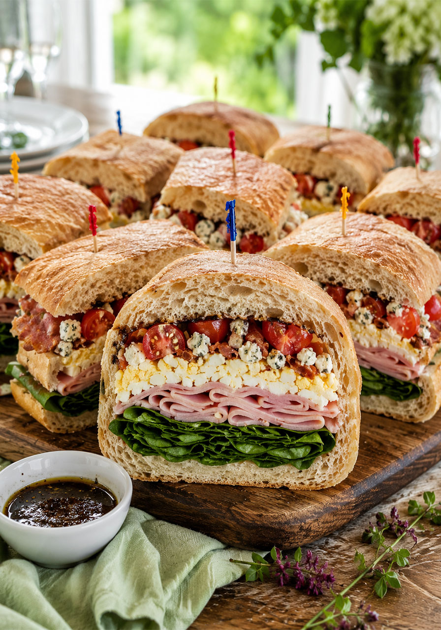 Cobb salad stuffed Italian bread loaf sliced to reveal layers of ham egg bacon and Gorgonzola, no-cook summer party sandwich