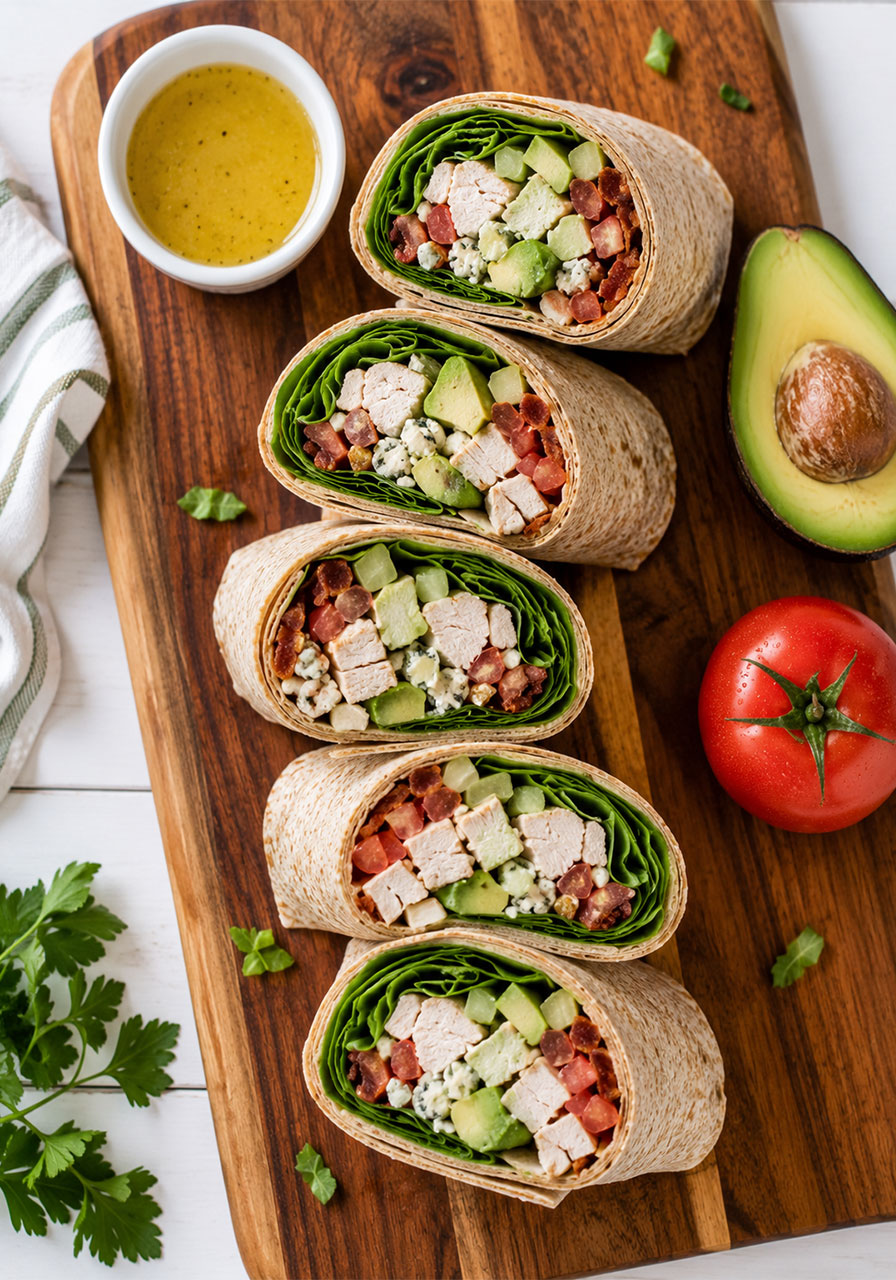 Cobb salad wraps with chicken avocado bacon and blue cheese cut in half to show the filling, no-cook summer dinner