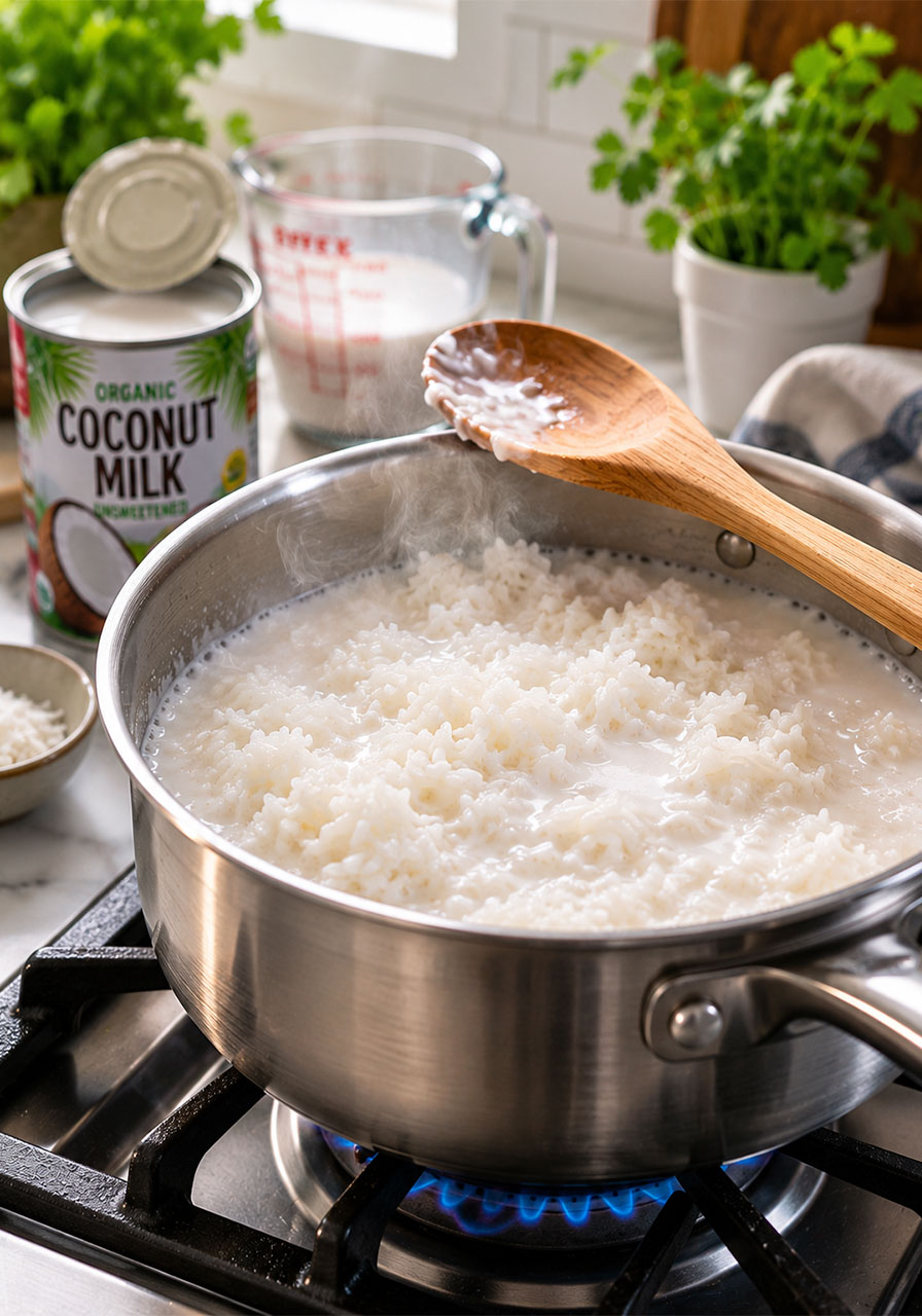Jasmine rice cooking in coconut milk on the stovetop for Hawaiian chicken coconut rice recipe