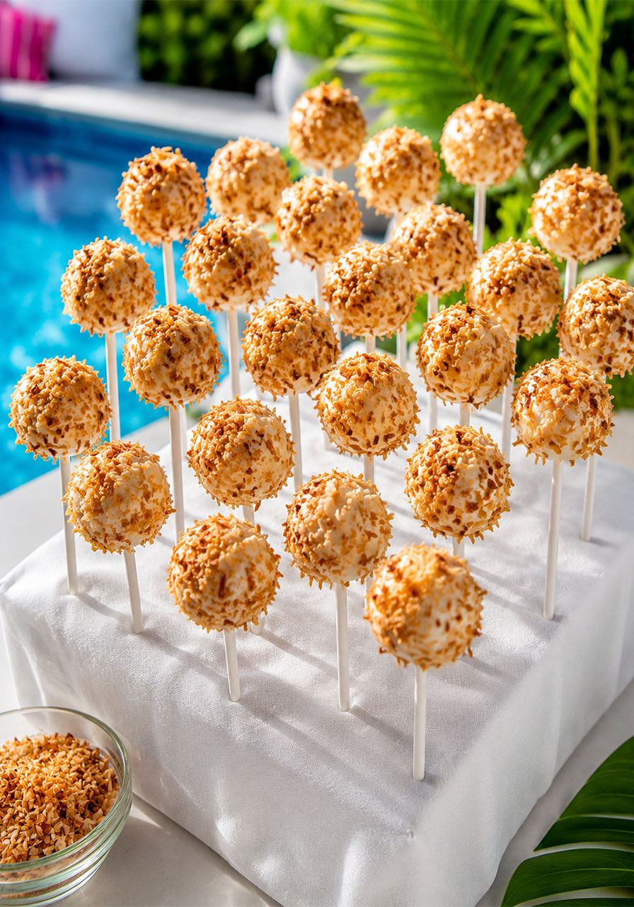 White chocolate coconut cake pops rolled in toasted coconut on sticks – tropical pool party dessert