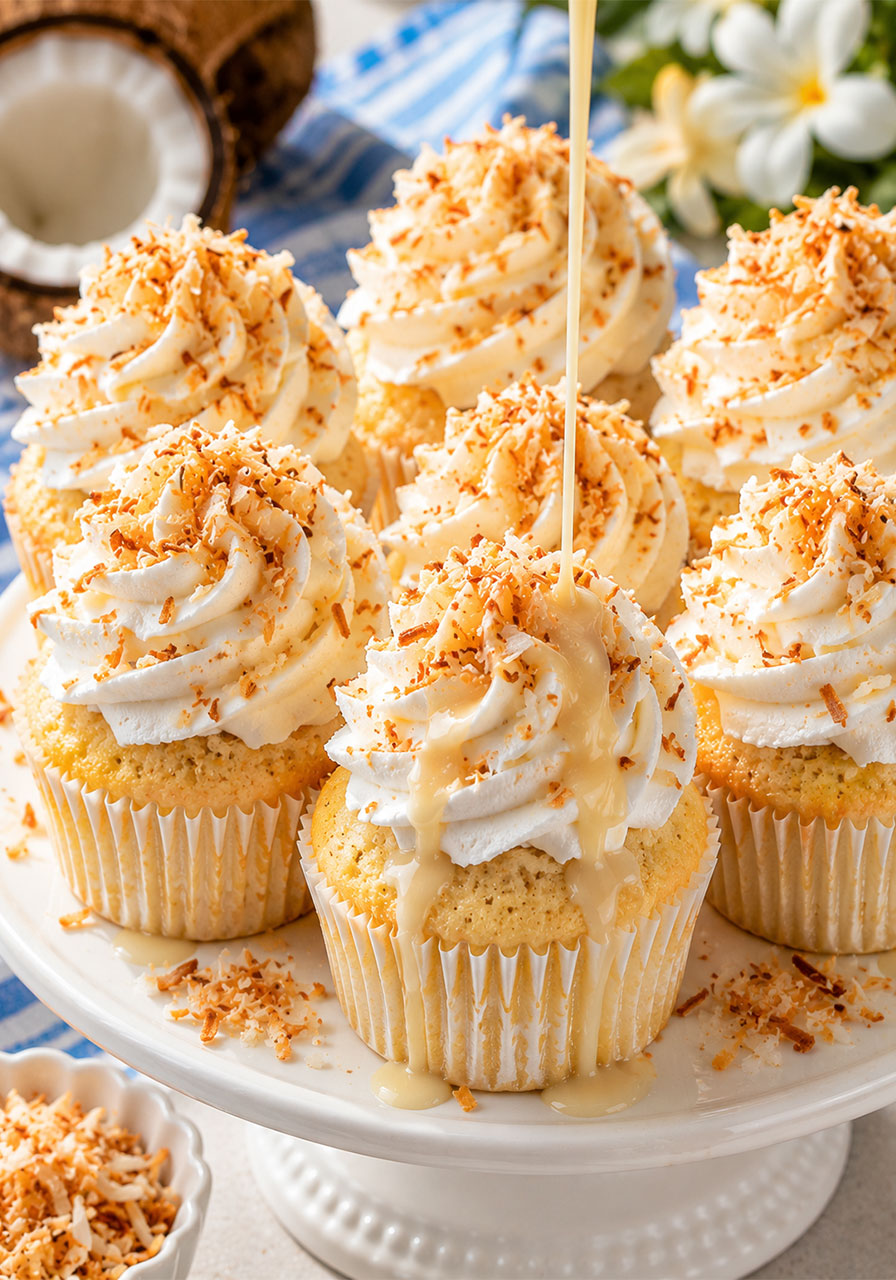 Coconut tres leches cupcakes with whipped cream and toasted coconut on a cake stand – indulgent tropical pool party dessert