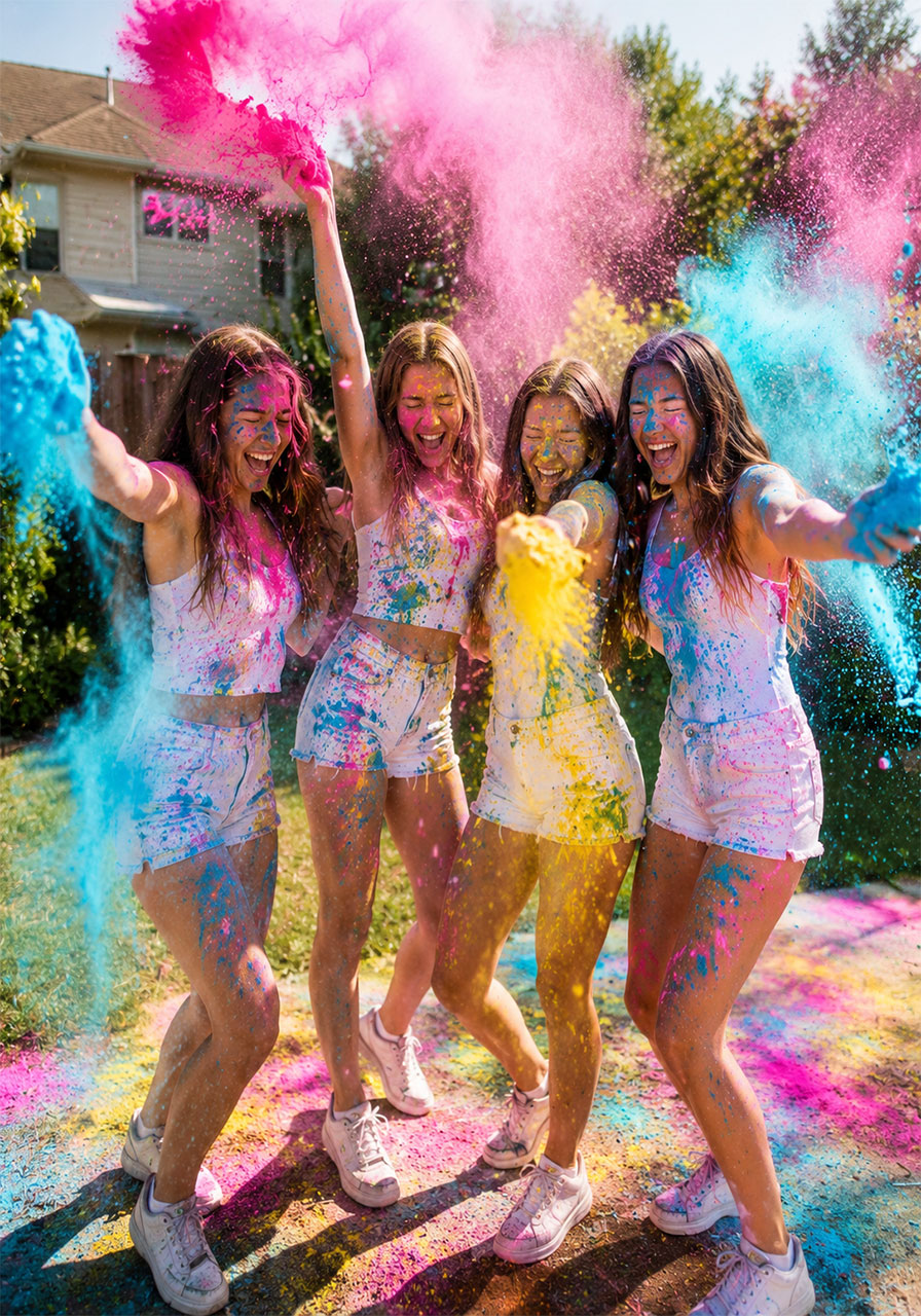 Teen girls throwing colored powder at outdoor color blast Sweet 16 birthday party in white outfits