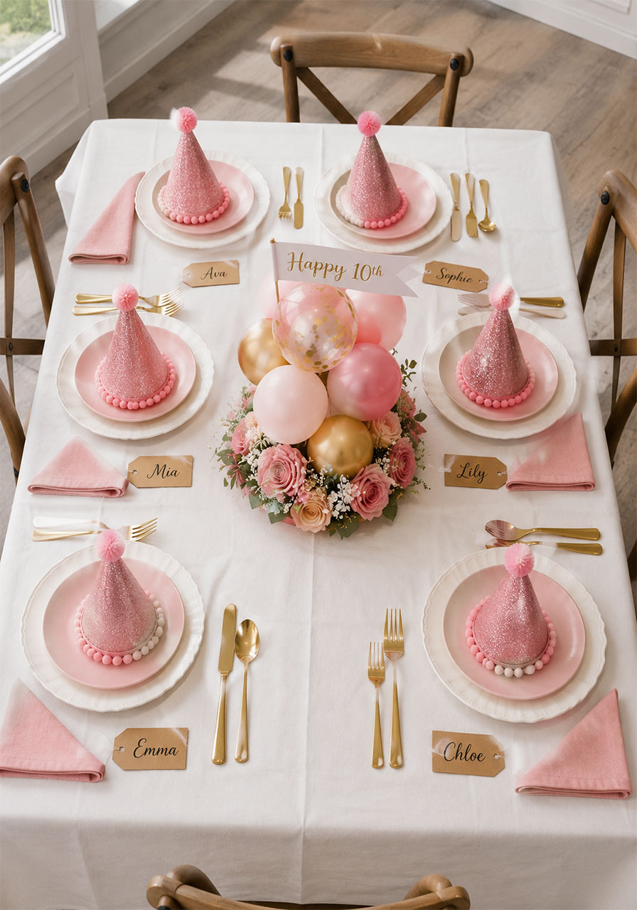 Color-coordinated pink and gold party table settings with personalized name tags layered plates and a balloon centerpiece for a 10th birthday celebration