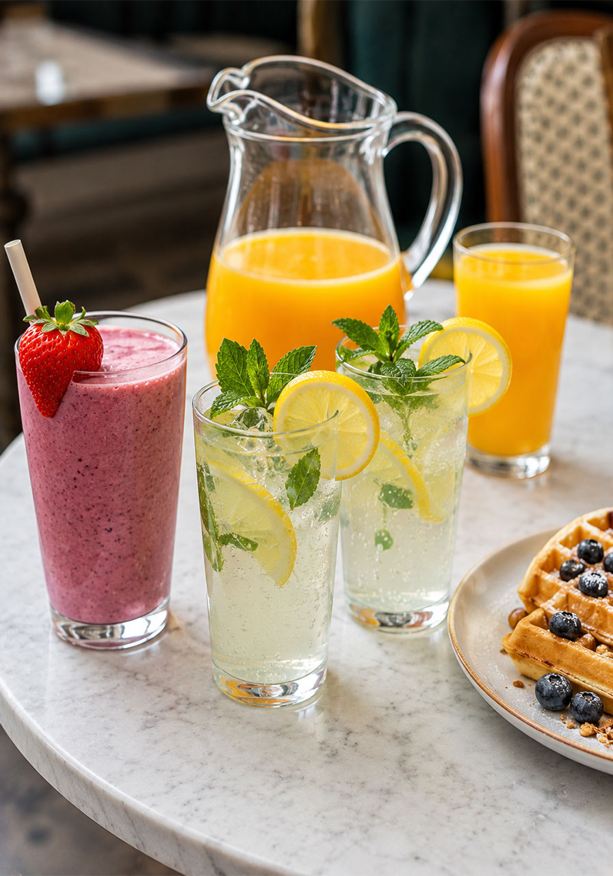 Colorful brunch beverage pairings including berry smoothie, lemonade, and orange juice for a waffle bar party