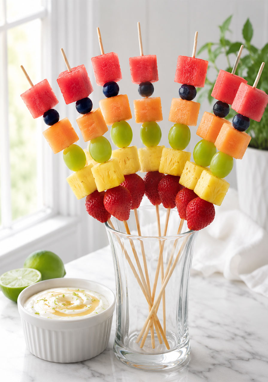 Colorful rainbow fruit kabobs in tall glass with honey yogurt dipping sauce for summer party