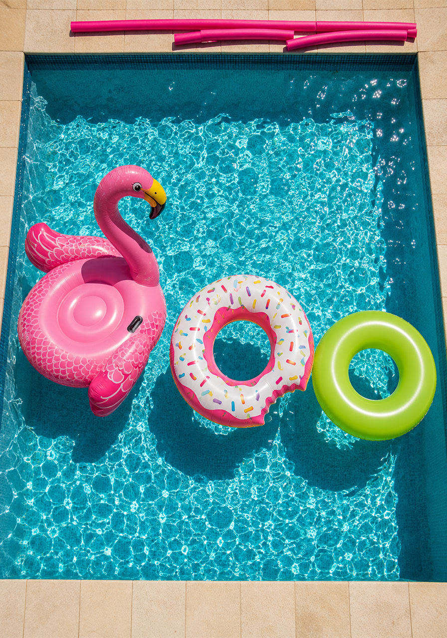 Colorful pool party inflatables including pink flamingo and donut floaties in a bright blue swimming pool