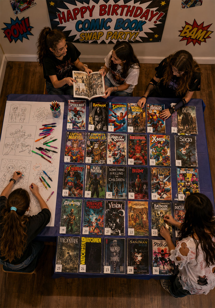 Teen girls browsing and swapping comic books at birthday party with graphic novels spread on table