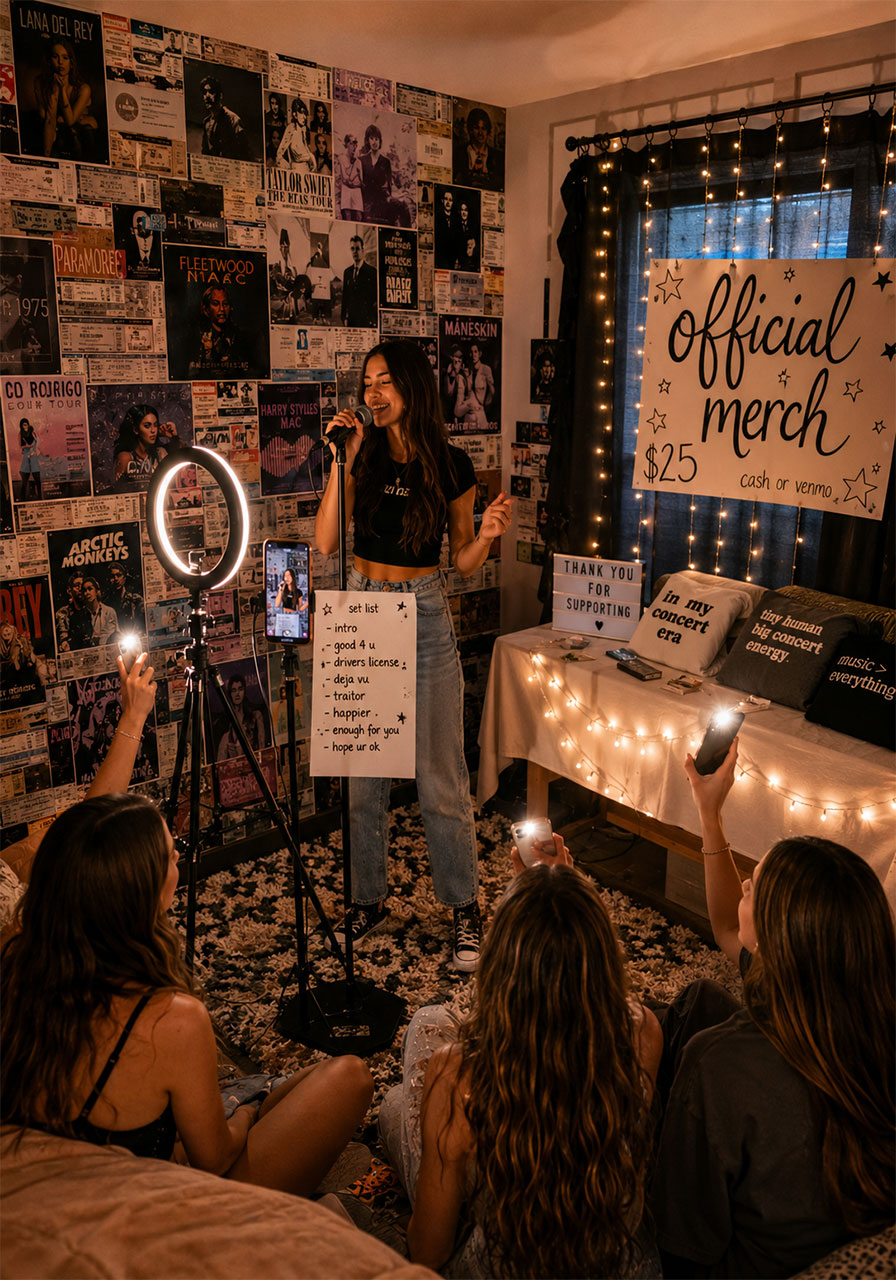 Teen girl performing at DIY concert birthday party with merch table and friends holding flashlights
