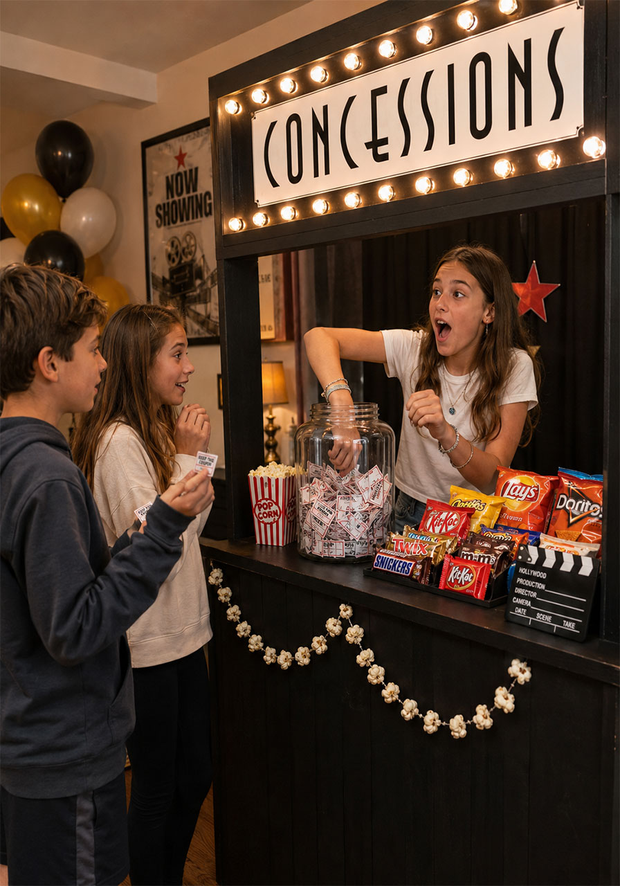Birthday girl drawing raffle ticket stubs at a concession stand while guests wait to pick their candy at a movie theater party