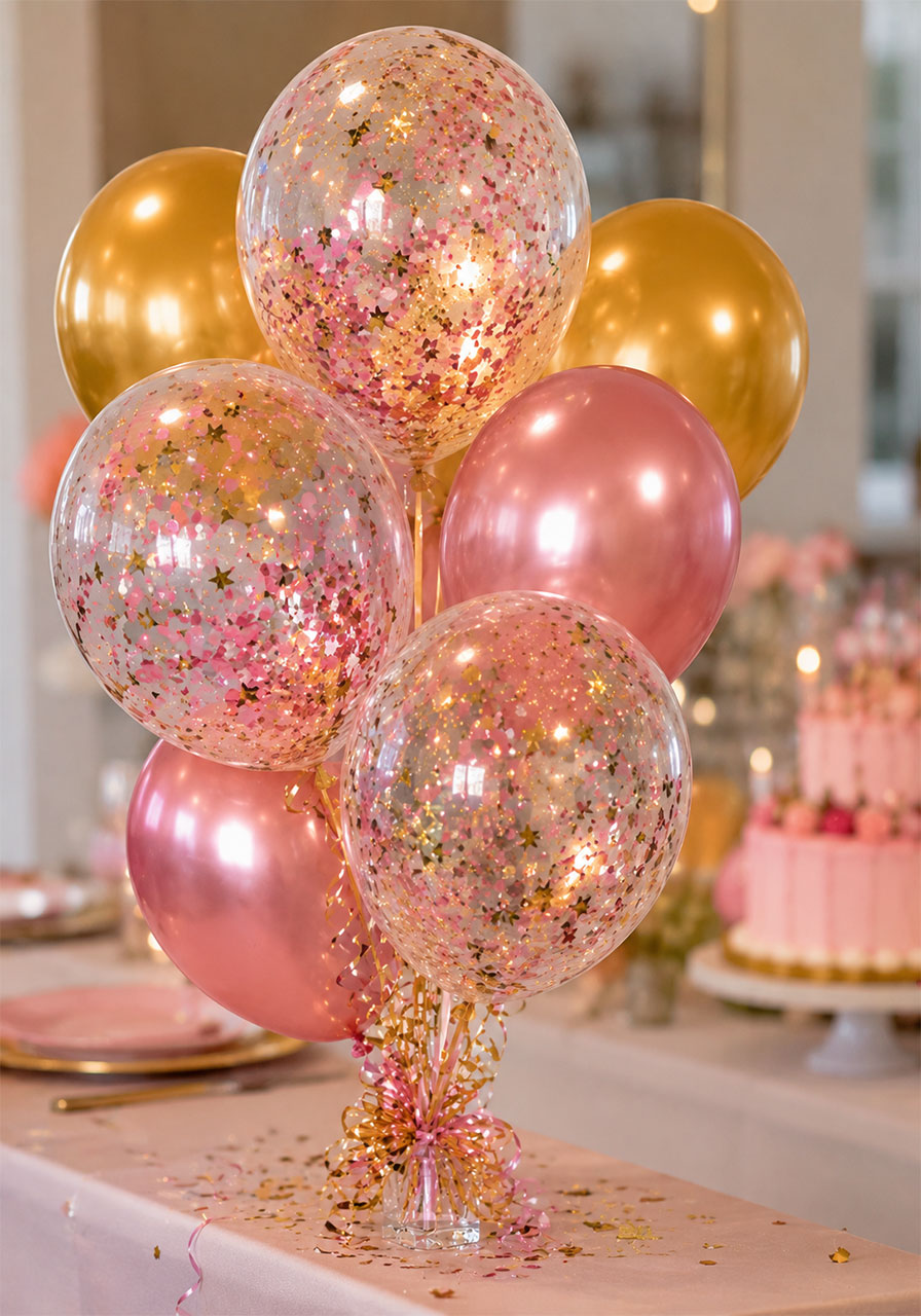 Clear confetti balloon cluster with gold star and pink holographic confetti mixed with gold and chrome balloons as a sparkling 10th birthday table decoration