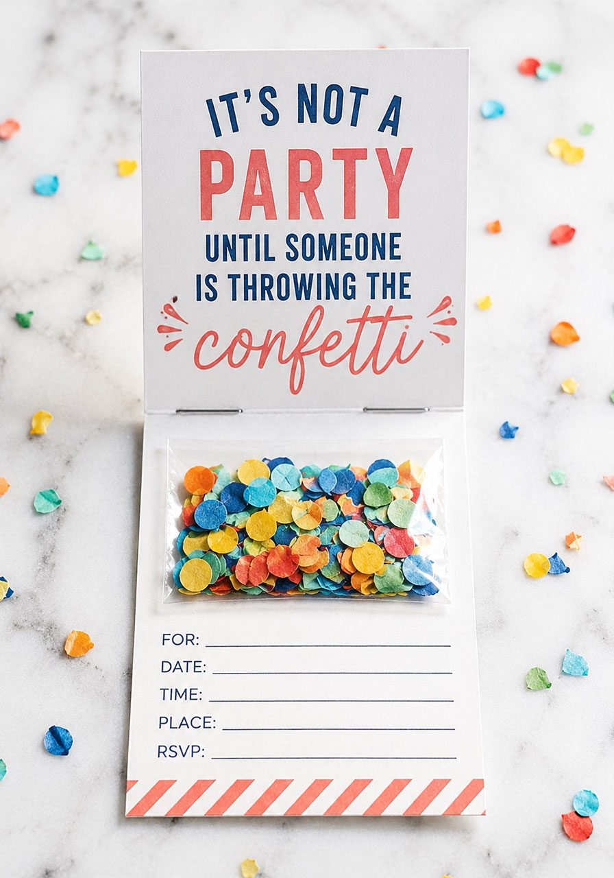 DIY confetti matchbook party invitation with colorful paper confetti pocket and bold typography