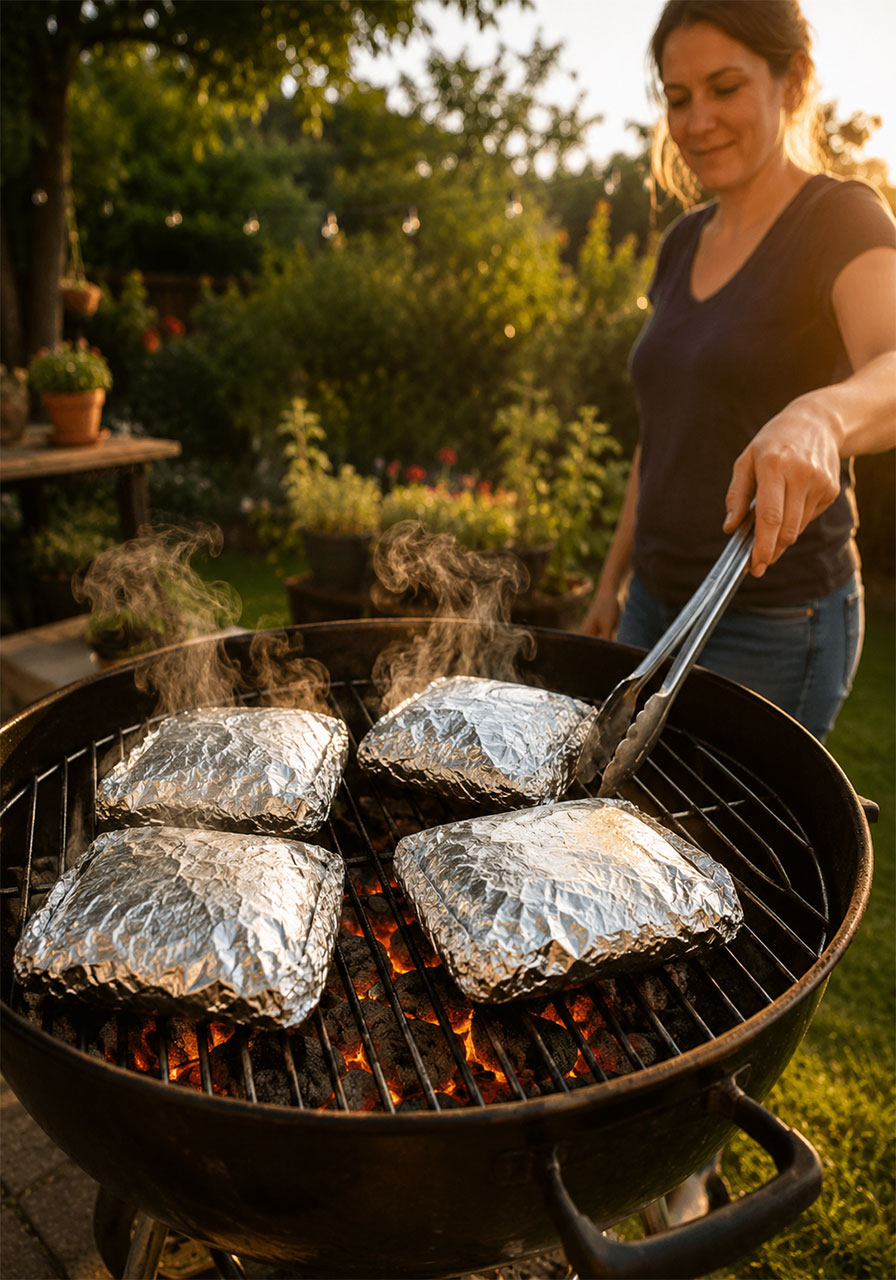 Four sealed hobo foil packets cooking on hot charcoal grill grates with steam rising outdoors