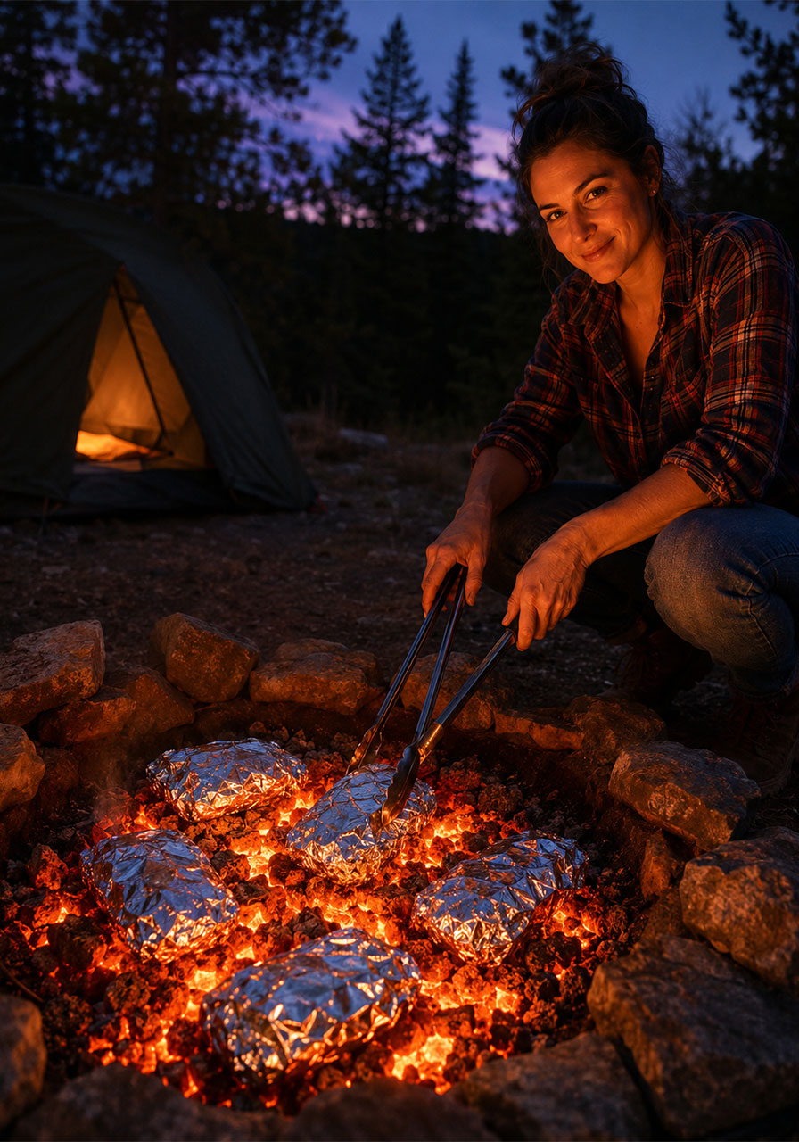 Woman using tongs to flip campfire cheeseburger hobo packets cooking directly on hot campfire coalsWoman using tongs to flip campfire cheeseburger hobo packets cooking directly on hot campfire coals