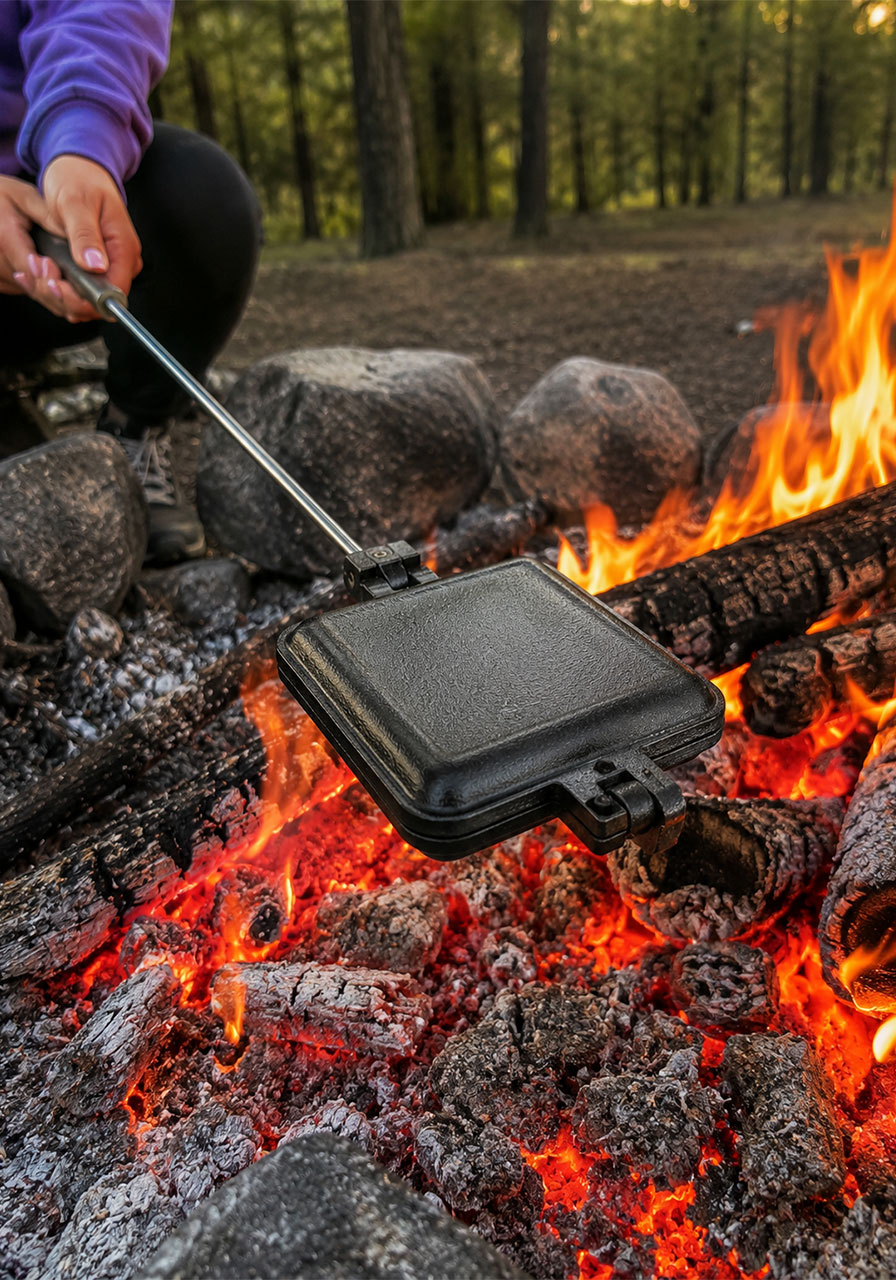 Closed campfire pie iron held over glowing hot coals cooking a strawberry cheesecake pudgy pie