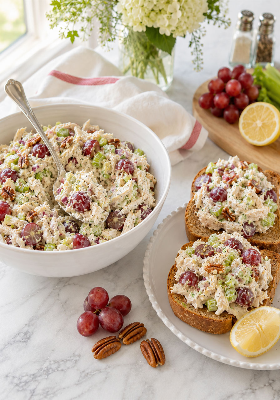 Cool and crunchy chicken salad with red grapes pecans and celery in creamy lemon dressing, an easy no-cook summer recipe grandma madE