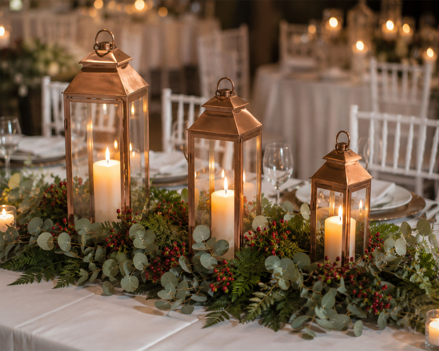 Copper lanterns with lit candles surrounded by eucalyptus greenery and dark red berries as a dramatic bridal shower table centerpiece