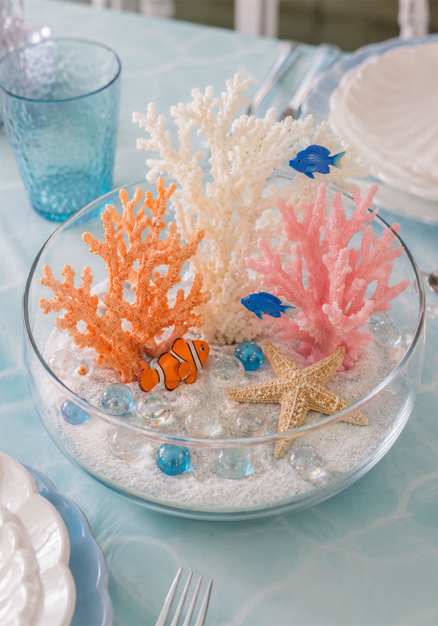 DIY coral reef table centerpiece with faux coral and sea creatures for an under the sea birthday party