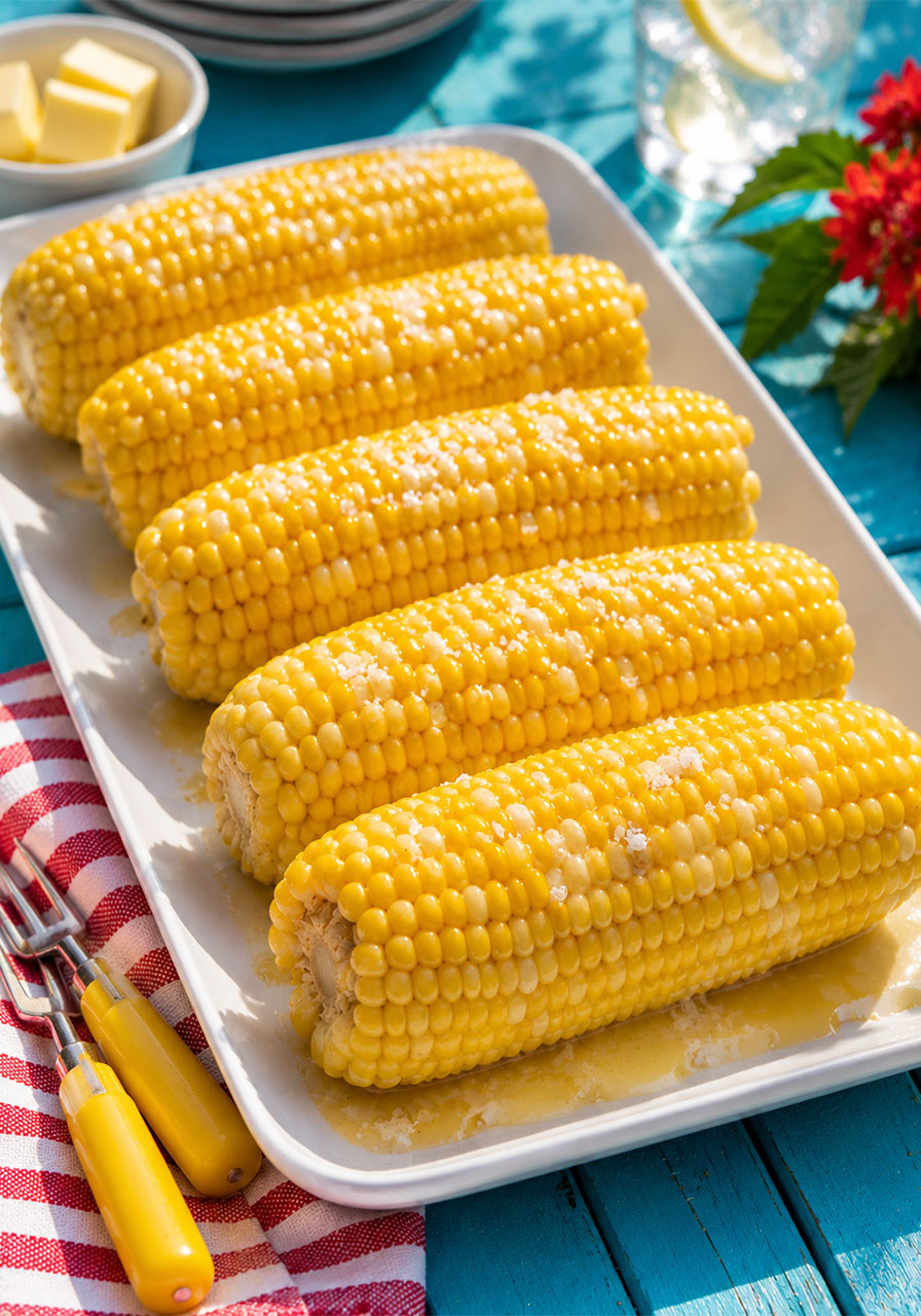 Butter and sea salt corn on the cob on a summer party platter – classic easy pool party side dish