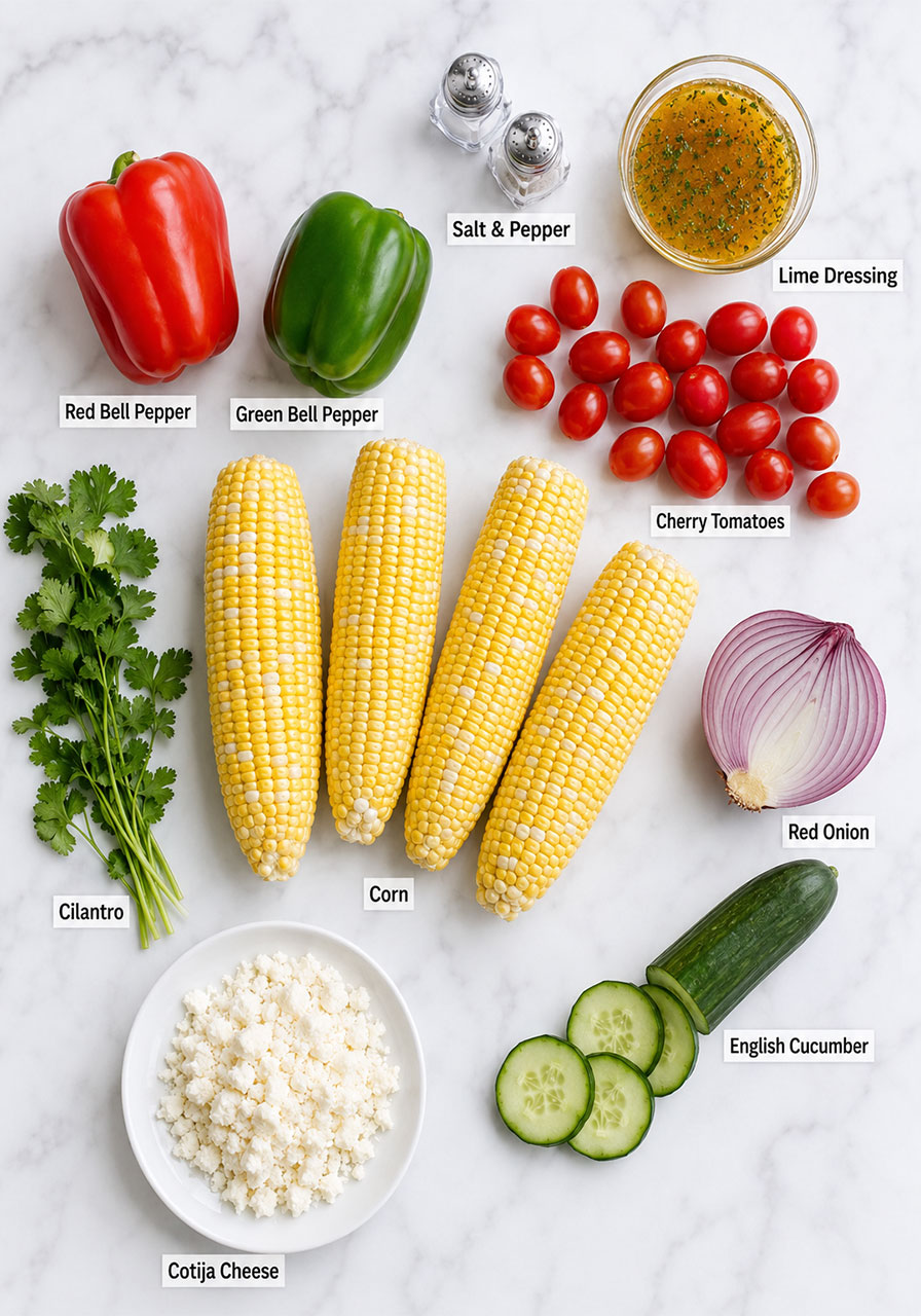 All ingredients for corn salad laid out on white marble including corn, tomatoes, bell peppers, cucumber, red onion, cotija cheese, and cilantro