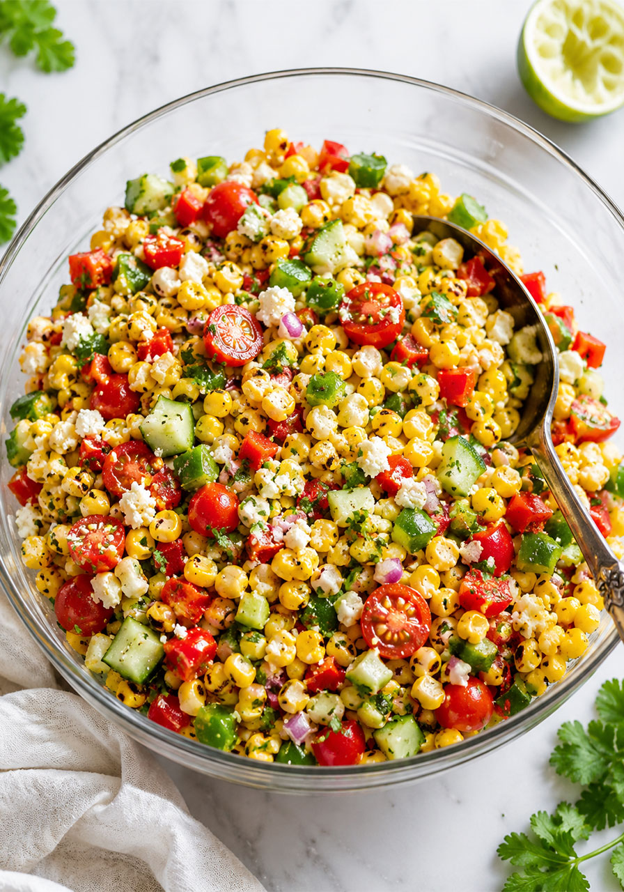 Fresh corn salad with cherry tomatoes, bell peppers, cucumber, and cotija cheese in a glass serving bowl