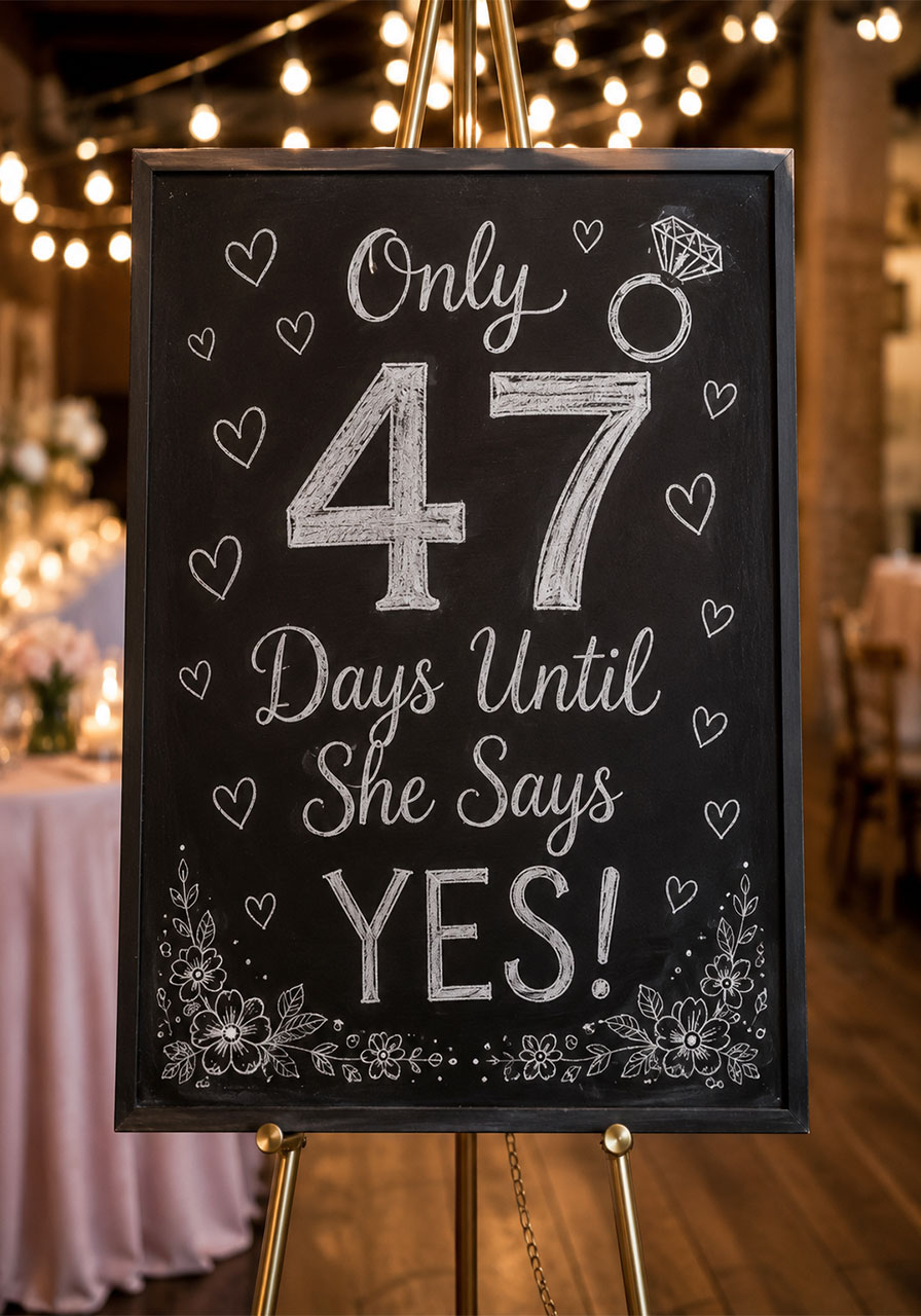 Chalkboard countdown sign showing days until the wedding day displayed on gold easel at bridal shower