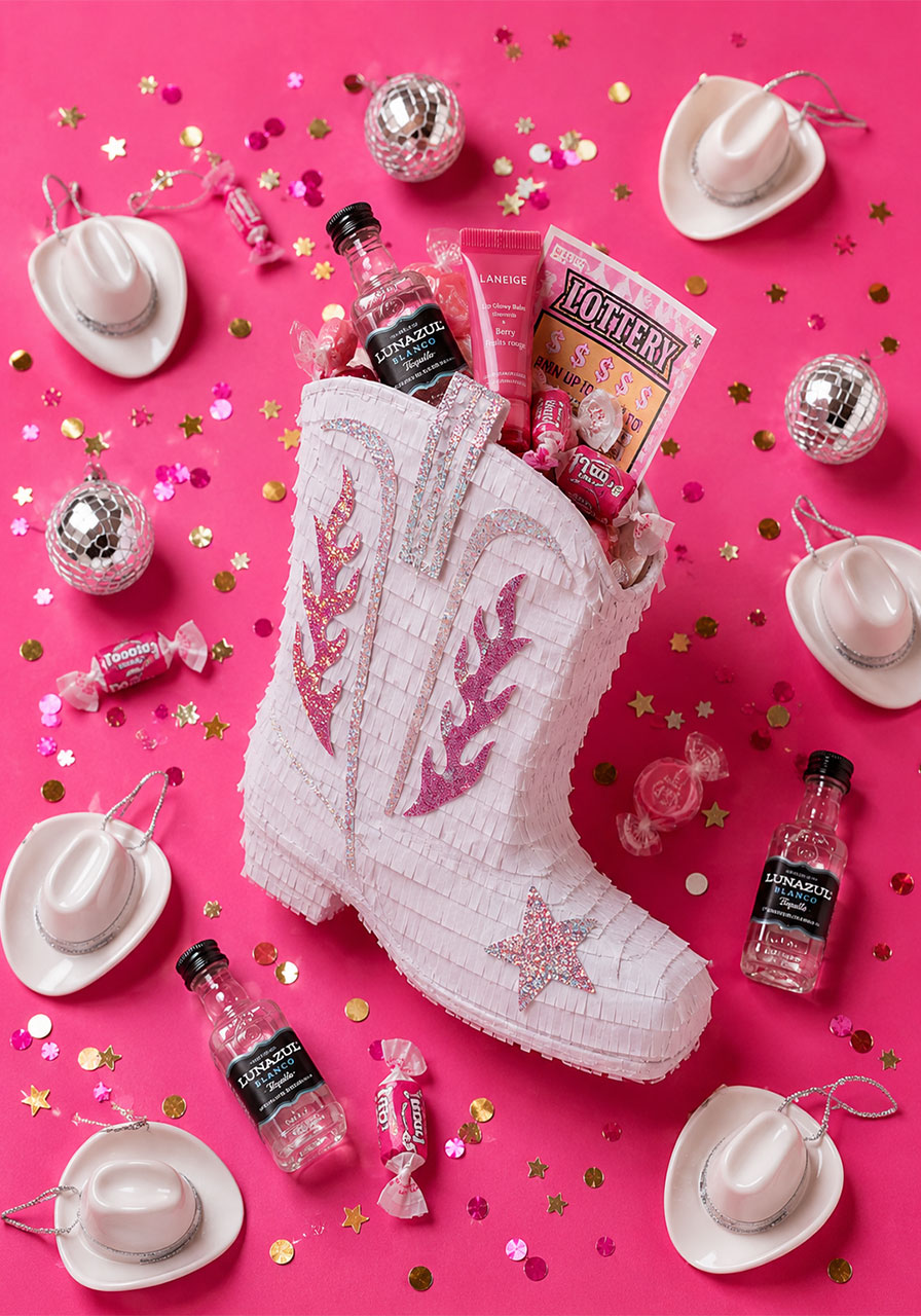 Cowgirl boot mini piñata treat boxes filled with candy and favors for disco rodeo bachelorette party