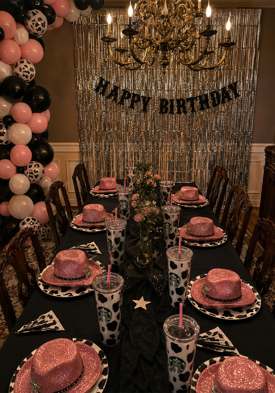 Cowgirl themed 18th birthday dinner table with cow-print plates, pink cowboy hats, and balloon arch backdrop