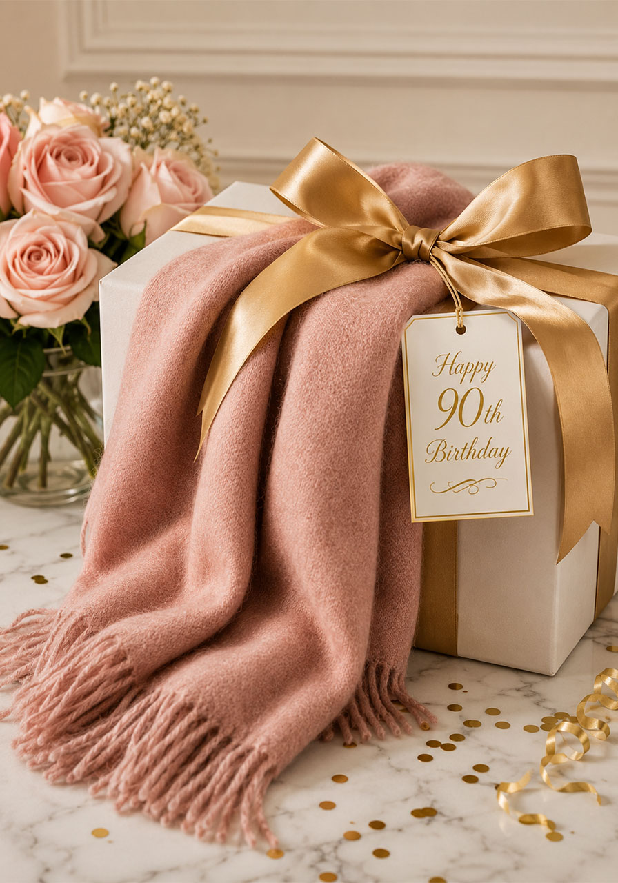 Soft cashmere blanket gift wrapped in gold ribbon as a thoughtful 90th birthday gift idea