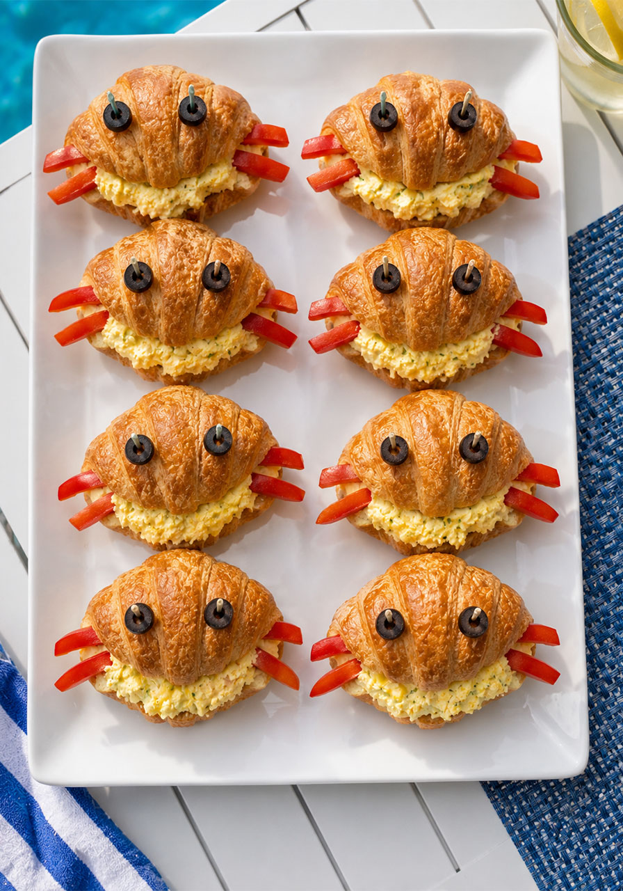 Mini croissant sandwiches decorated as crabs with pepper claws and olive eyes