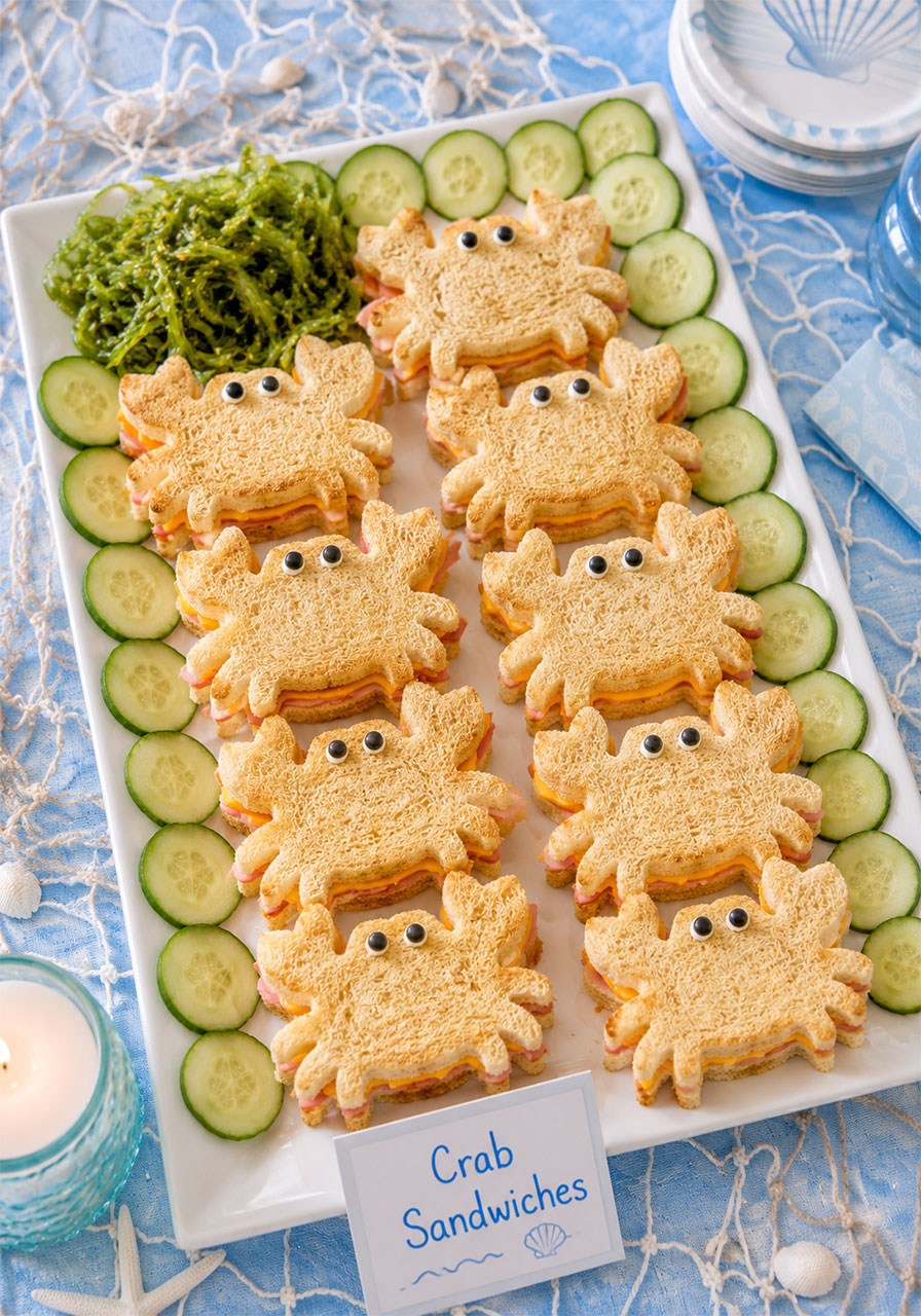Adorable crab-shaped sandwiches with candy eyes for an under the sea kids birthday party food table