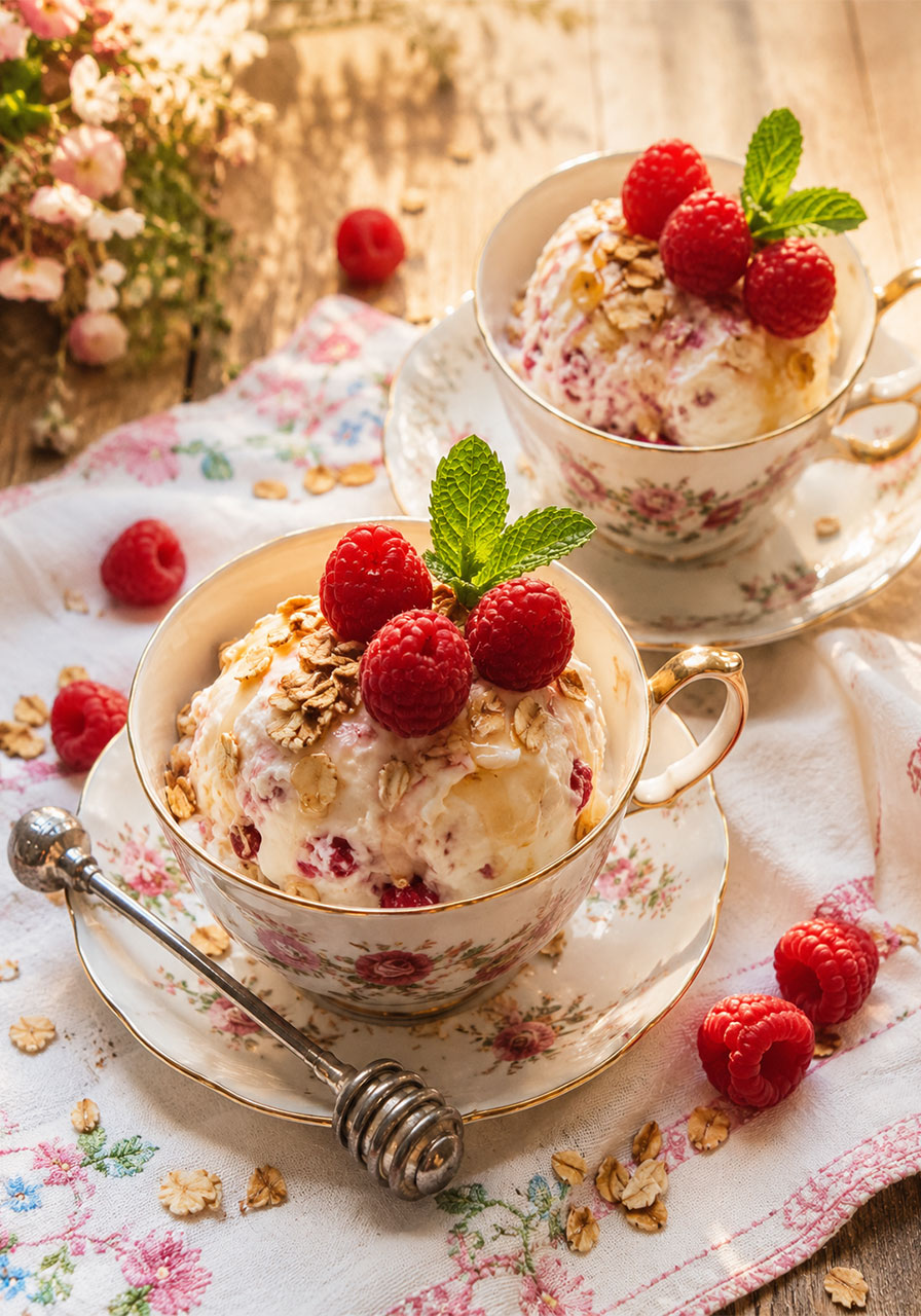 Cranachan ice cream served in vintage floral teacups with raspberries and honey for a tea party