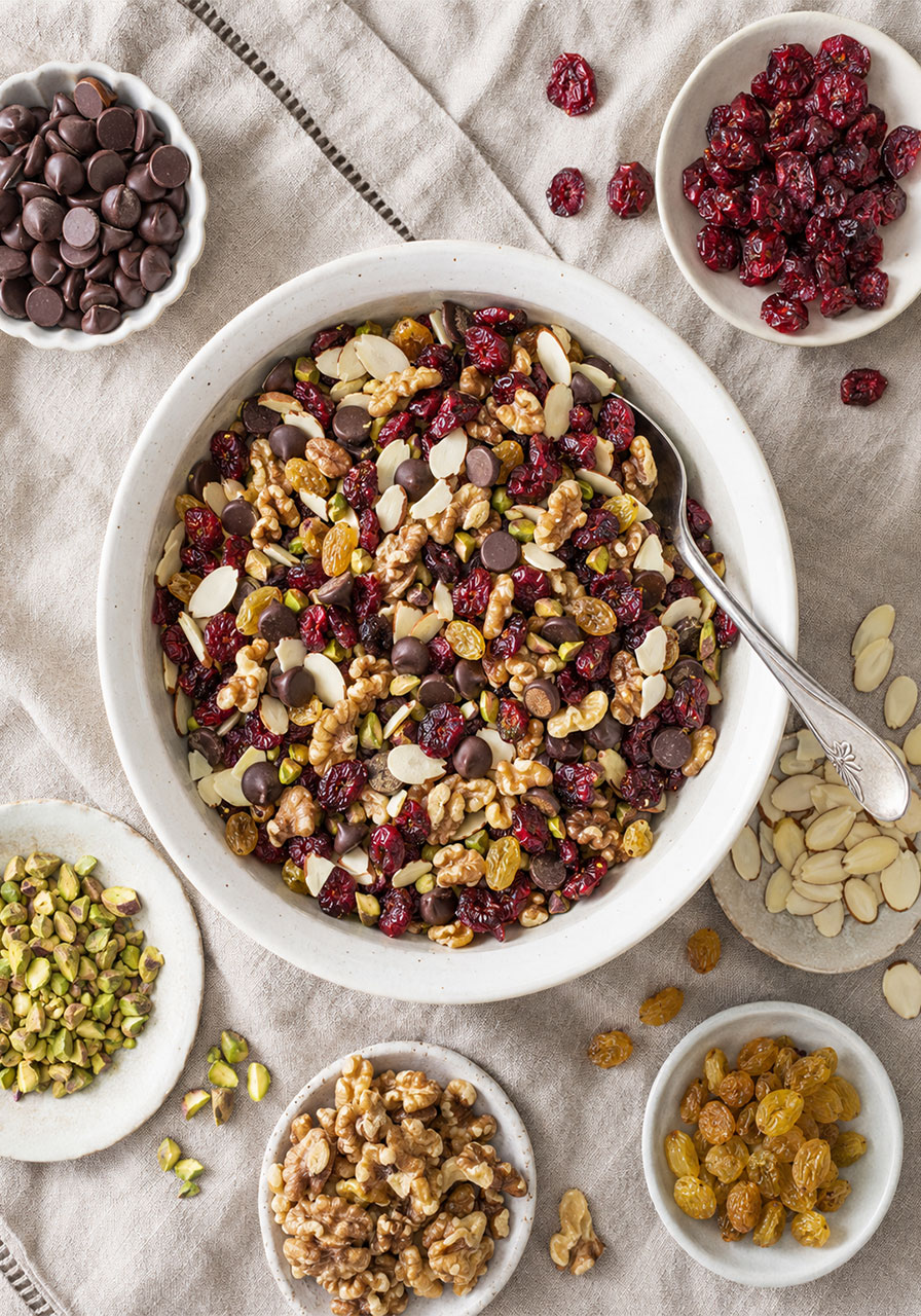 Overhead view of cranberry dark chocolate trail mix with almonds, walnuts, raisins, and pistachios in a white bowl