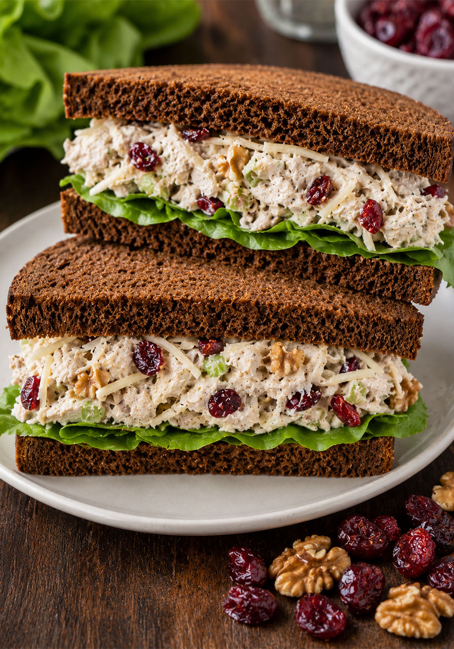 Cranberry walnut chicken salad sandwich on pumpernickel bread with Swiss cheese, a no-cook summer lunch recipe
