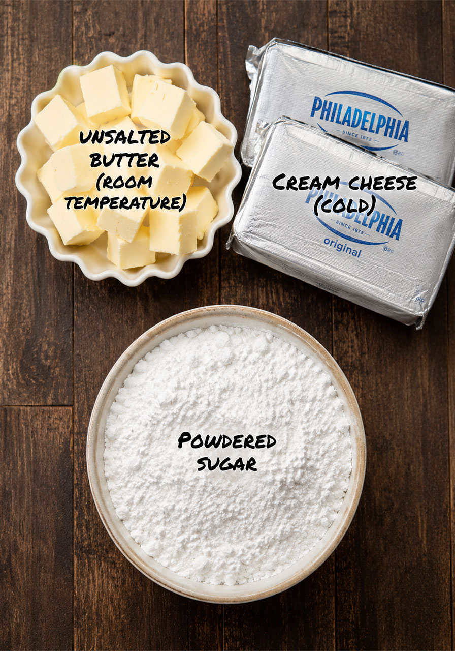 Three cream cheese frosting ingredients — butter, cold block cream cheese, and sifted powdered sugar — laid out overhead