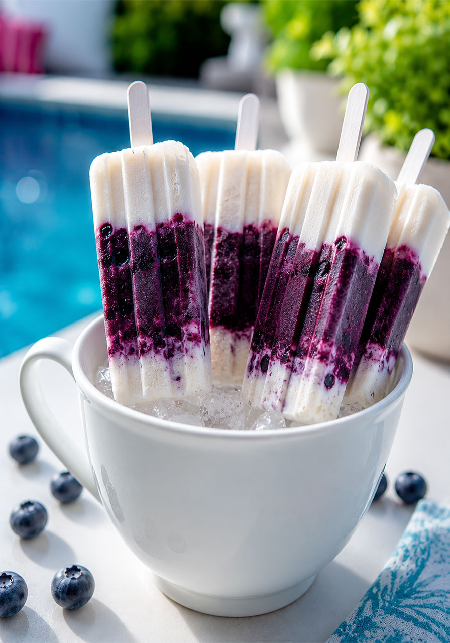 Creamy layered blueberry ice pops with lemon whipped topping – homemade make-ahead pool party frozen treat
