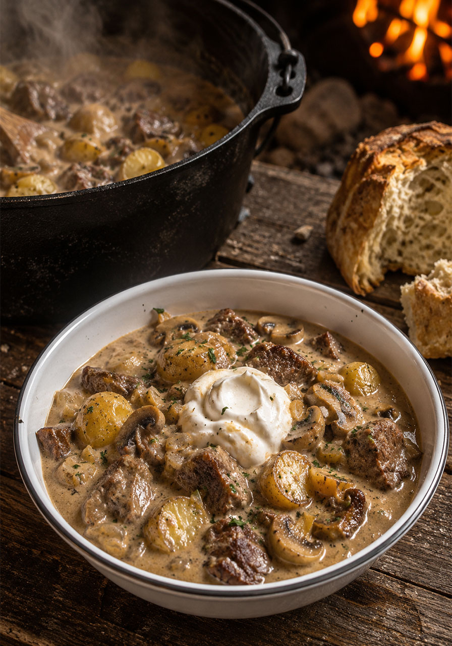 Creamy camp oven beef stroganoff with tender chuck steak, mushrooms, and sour cream served at a campsite