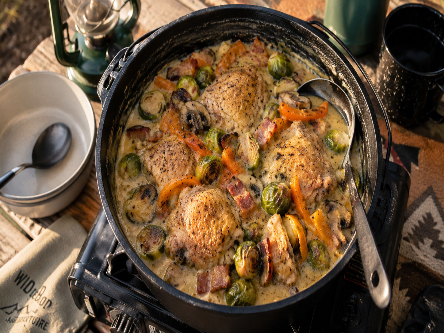 Creamy campfire chicken and Brussels sprouts stew in a cast iron camp oven, one-pot camping meal