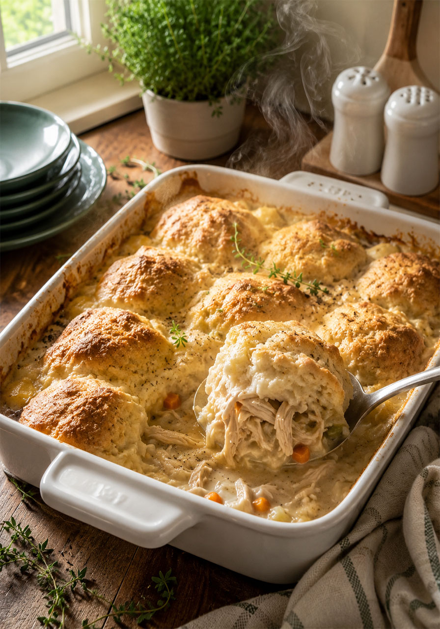 Creamy chicken and dumplings casserole with golden baked dumpling crust freshly scooped from a baking dish